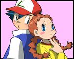  1girl :o amada back-to-back baseball_cap blue_eyes blush_stickers braid brown_hair couple hat hetero moe_(pokemon) pokemon pokemon_(anime) pokemon_(classic_anime) satoshi_(pokemon) twin_braids 