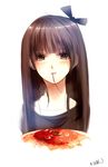  bad_id bad_pixiv_id brown_eyes brown_hair eating face food hair_ribbon nobusnow original pasta ribbon solo spaghetti 