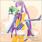  1girl ahoge alternate_hairstyle carrying cosplay costume_switch couple green_hair gumi gumi_(cosplay) hair_up headset hetero holding kamui_gakupo kamui_gakupo_(cosplay) long_hair meka princess_carry purple_hair side_ponytail sidelocks smile very_long_hair vocaloid 