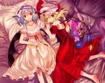  adapted_costume backless_outfit bad_id bad_pixiv_id bare_shoulders barefoot bat_wings bed blonde_hair blue_hair flandre_scarlet from_above glowing hat kol49 lying multiple_girls on_back on_side pillow red_eyes remilia_scarlet short_hair siblings sisters skull smile touhou wings 