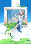  ahoge anklet barefoot barefoot_sandals blue_eyes bracelet brown_hair bug butterfly cloud day dress flat_chest frame giccho highres insect jewelry legs lips necklace original plant sitting smile solo sundress 