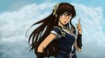  anime_coloring bangs brown_eyes brown_hair cloud david_liu day hairband hands japanese_clothes kuonji_ukyou long_hair looking_back open_mouth pointing ranma_1/2 sky solo 