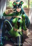  1girl :p aqua_hair arm_up artist_name asui_tsuyu bangs bed_sheet belt black_footwear blue_eyes blurry blurry_background bodysuit boku_no_hero_academia boots breasts closed_mouth curtains depth_of_field facepaint gloves goggles goggles_on_head green_bodysuit hair_between_eyes indoors knee_up large_breasts long_hair looking_at_viewer nudtawut_thongmai on_bed patreon_logo patreon_username sitting smile solo straight_hair thigh_boots thighhighs tongue tongue_out very_long_hair w white_gloves window 