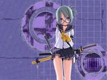  blue_eyes glasses green_hair katana original sakuya_tsuitachi school_uniform serafuku short_hair skirt solo sword weapon 