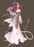  anima dress drill_hair fan fishnets folding_fan hair_ornament long_hair simple_background solo tail wen-m 
