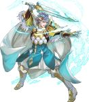  aqua_eyes arm_guards armor bangs blue_hair boots cape feather_trim fighting_stance fire_emblem fire_emblem_heroes full_body gauntlets gloves highres holding holding_sword holding_weapon hrid_(fire_emblem_heroes) knee_boots long_sleeves looking_away maeshima_shigeki male_focus multicolored_hair non-web_source official_art open_mouth pants puffy_sleeves short_hair shoulder_armor silver_hair solo sparkle striped sword transparent_background weapon 