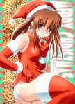  bare_shoulders brown_hair caryo christmas copyright_request cross cross_earrings earrings glasses hat jewelry long_hair merry_christmas panties red_eyes santa_costume santa_hat solo thighhighs twintails underwear white_panties 