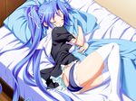  bed blanket blue_hair closed_eyes game_cg long_hair mizukimaru panties pillow ponytail sakurashita_otome school_uniform sleeping solo thighhighs thirua_panic underwear very_long_hair 