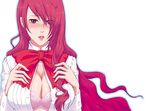  blush bow bra breast_squeeze breasts cleavage hair_over_one_eye kirijou_mitsuru large_breasts lingerie long_hair open_clothes open_shirt persona persona_3 red_eyes red_hair shirt solo sumitan underwear 