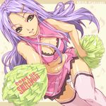  breasts cheerleader cleavage green_eyes hair_ornament hairclip haruka_shiya kakizaki_misa long_hair mahou_sensei_negima! medium_breasts midriff panties pantyshot pom_poms purple_hair skirt sleeveless smile solo thighhighs underwear white_panties 