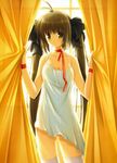  brown_hair copyright_request curtain_grab curtains highres ikegami_akane long_hair panties ribbon solo twintails underwear window 