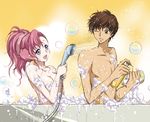  1girl bath brown_hair bubble bubble_bath code_geass convenient_arm couple euphemia_li_britannia green_eyes hetero kurimomo kururugi_suzaku mixed_bathing nude one_eye_closed pink_hair pink_towel purple_eyes showering soap sponge towel towel_on_head water wet yellow_sponge 