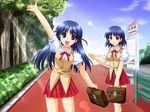  alpha_(yukai_na_nakamatachi) bag blue_eyes blue_hair day game_cg long_hair multiple_girls outdoors red_eyes school_bag school_rumble school_uniform school_x_school short_hair short_twintails siblings sisters skirt smile tsukamoto_tenma tsukamoto_yakumo twintails waving 