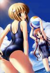  asanagi_mio asanagi_no_aquanauts ball beach beachball blue_eyes brown_hair cloud day hair_ornament hairclip highres multiple_girls one-piece_swimsuit outdoors red_hair school_swimsuit sky swimsuit takanashi_miyuki water yamino_kenji 