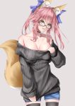  :d absurdres animal_ears black-framed_eyewear black_legwear black_sweater blue_bow blue_shorts bow breasts choker cleavage clothes_pull collarbone cowboy_shot eyebrows_visible_through_hair fate/grand_order fate_(series) floating_hair fox_ears fox_tail glasses grey_background hair_bow highres kamehito large_breasts long_hair looking_at_viewer open_mouth pink_hair ponytail pulled_by_self ribbed_sweater short_shorts shorts simple_background smile solo standing sweater sweater_pull tail tamamo_(fate)_(all) tamamo_no_mae_(fate) thighhighs yellow_eyes zettai_ryouiki 