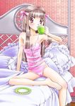  artist_request barefoot bed copyright_request drinking flat_chest jpeg_artifacts lingerie long_hair long_legs lowres panties skinny solo underwear 