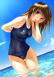  blue_eyes brown_hair cameltoe cloud covered_navel day ocean one-piece_swimsuit original outdoors school_swimsuit shinobu_(tyno) sky solo swimsuit thighs water 