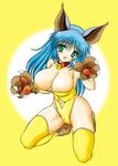  animal_ears bell bell_collar blue_hair breasts cameltoe cat_ears cat_paws collar copyright_request green_eyes gyakushuu_takeshi large_breasts paws solo thighhighs yellow_legwear 