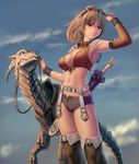  animal armpits boots breasts brown_eyes brown_hair cloud day detached_sleeves earrings fantasy garter_belt goggles jewelry kanzeon large_breasts midriff original raptor short_hair shorts sky solo sword weapon 
