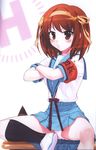  armband blush brown_hair hairband hechi highres kita_high_school_uniform medium_hair panties ribbon scan scan_artifacts school_uniform sitting solo suzumiya_haruhi suzumiya_haruhi_no_yuuutsu underwear 