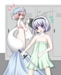  blush bra dress embarrassed hitodama konpaku_youmu konpaku_youmu_(ghost) locker locker_room miyoshi multiple_girls pink_bra saigyouji_yuyuko sleeveless sleeveless_dress surprised sword touhou underwear weapon 