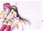  akimoto_dai bangle blush bracelet braid breasts brown_hair covered_nipples highres hug jewelry large_breasts long_hair melty_blood multiple_girls no_pants one_eye_closed open_clothes open_shirt panties purple_eyes purple_hair shirt side-tie_panties sion_eltnam_atlasia thighhighs toono_akiha tsukihime underwear yuri 