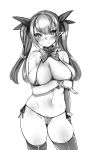  absurdres arm_under_breasts bikini blush bow breasts cameltoe cleavage commentary_request copyright_request elbow_gloves frown gloves greyscale hair_ribbon harigane_shinshi highres large_breasts micro_bikini monochrome pointy_ears ribbon swimsuit thighhighs twintails 