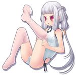  adjusting_clothes adjusting_legwear amamiya_minato code_geass dressing feet half_updo one-piece_swimsuit outstretched_leg red_eyes school_swimsuit solo swimsuit thighhighs thighhighs_pull tianzi white_school_swimsuit white_swimsuit 