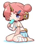  anklet asymmetrical_sleeves bandaged_arm bandaged_leg bandages bangs bare_shoulders barefoot between_legs bikini_top blue_bikini_top blue_eyes blue_skirt blush brown_sleeves chibi collarbone commentary_request covered_mouth detached_sleeves double_bun eyebrows_visible_through_hair fate/grand_order fate_(series) food frankenstein's_monster_(fate) frankenstein's_monster_(swimsuit_saber)_(fate) full_body hair_ornament hair_over_one_eye hand_between_legs holding holding_food horn jewelry looking_at_viewer naga_u pleated_skirt popsicle shadow side_bun single_detached_sleeve sitting skirt solo wariza white_background 