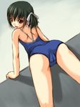  :d ass back bent_over black_hair bosshi cameltoe competition_school_swimsuit flat_chest from_behind hair_ribbon highres looking_back one-piece_swimsuit open_mouth original red_eyes ribbon short_hair short_twintails smile solo swimsuit thighs twintails yu_(bosshi) 