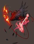  anima black_hair demon_girl earrings feathers fire green_eyes jewelry long_hair pointy_ears solo tail wen-m wings 