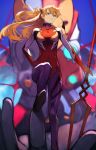  &gt;:( 1girl 55level bangs blonde_hair blue_eyes blurry blurry_background bodysuit closed_mouth day depth_of_field eva_02 eyepatch eyepatch_removed feet_out_of_frame floating_hair hair_ornament hand_on_hip highres legs long_hair mecha neon_genesis_evangelion outdoors plugsuit polearm red_bodysuit serious solo soryu_asuka_langley spear standing stepping weapon wind 