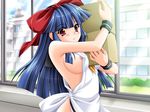  apron armpits bangs between_breasts blue_hair blunt_bangs blush bow box breasts building bush carrying cloud day embarrassed game_cg grass hadaka_apron_gakuen hair_bow indoors kazuma_muramasa large_breasts long_hair looking_at_viewer naked_apron nipple_slip nipples profile public_nudity red_eyes school school_uniform serafuku shiny shiny_hair sidelocks sky solo standing sweatdrop upper_body very_long_hair window wristband zuge_haruna 