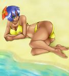  beach bikini blue_eyes blue_hair dark_skin feet gundam gundam_x lowres paula_cis short_hair solo swimsuit 