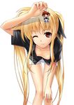  40010prototype bent_over blonde_hair breasts downblouse fate_testarossa long_hair lyrical_nanoha mahou_shoujo_lyrical_nanoha nipple_slip nipples no_bra one_eye_closed red_eyes small_breasts solo takamachi_nanoha thigh_gap twintails very_long_hair 