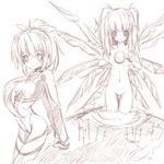  bow copyright_request dama long_hair monochrome multiple_girls nude ribbon thigh_gap twintails wings 