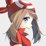  1girl blue_eyes brown_hair creatures_(company) floating_hair game_freak grey_background haruka_(pokemon) long_hair looking_at_viewer nintendo pokemon pokemon_(game) pokemon_rse portrait profile red_bandana red_shirt shiny shiny_hair shirt short_sleeves simple_background solo yuihiko 