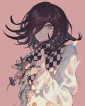  1boy bangs buckle checkered checkered_scarf commentary_request danganronpa flower gakuran hair_over_one_eye hand_up holding holding_flower lemontea lens_flare long_sleeves looking_at_viewer medium_hair new_danganronpa_v3 ouma_kokichi pink_background pink_flower purple_eyes purple_hair scarf school_uniform shirt sidelocks smile solo sparkle swept_bangs upper_body white_gakuran white_shirt 