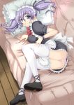  ass bad_id bad_pixiv_id blue_eyes blush breast_press breasts couch frilled_pillow frills from_above hair_ribbon long_hair looking_back lying maid maid_headdress medium_breasts on_side original panties pantyshot pantyshot_(lying) pillow pink_panties purple_hair ribbon shoes solo thighhighs twintails underwear upskirt white_legwear yotsuha_(little_squash) 