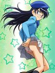  ass b.a.b.e.l._uniform black_hair blue_eyes glasses haruyama_kazunori hat kneehighs long_hair nogami_aoi panties panty_pull skirt skirt_lift socks solo underwear zettai_karen_children 