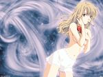  artist_request blonde_hair blue_eyes breasts convenient_arm hair_brush hair_brushing medium_breasts mireille_bouquet mouth_hold noir panties pen solo topless underboob underwear wallpaper 