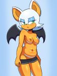  anthro bat_wings belly bike_shorts blush breasts chiropteran clothed clothing disfigure eyeshadow female lipstick makeup mammal membranous_wings navel nipples rouge_the_bat shorts slightly_chubby solo sonic_(series) tan_body teal_eyes topless wings 