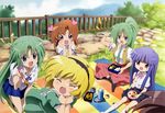  4girls 5girls absurdres blonde_hair blue_eyes blue_hair blush brown_hair child chopsticks cloud day eating fang friends furude_rika green_eyes green_hair hair_ribbon half_updo heart heart-shaped_pupils highres higurashi_no_naku_koro_ni houjou_satoko kneehighs long_skirt looking_at_another maebara_keiichi multiple_girls no_shoes obentou official_art picnic pumpkin purple_eyes ribbon ryuuguu_rena sakai_kyuuta scan school_uniform serafuku short_hair siblings sisters skirt sky sonozaki_mion sonozaki_shion symbol-shaped_pupils tears tree twins 