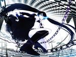  bad_id bad_pixiv_id black_hair black_rock_shooter black_rock_shooter_(character) blue_eyes boots buriki chain flat_chest long_hair midriff scar shorts solo stitches twintails 