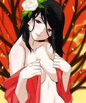  bare_shoulders black_hair breasts copyright_request eyeshadow flower hair_flower hair_ornament happoubi_jin large_breasts long_hair makeup midriff solo 