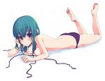  barefoot bikini feet green_hair legs long_hair lying on_stomach original purple_bikini purple_eyes solo swimsuit topless unasaka_ryou untied untied_bikini 