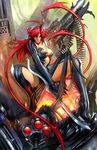  amaha_masane ammunition_belt armor bikini_armor black_sclera blade breasts bullet cable high_heels highres large_breasts long_hair red_hair shoes solo stjepan_sejic sword tattoo weapon witchblade yellow_eyes 
