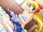  bed bekkankou blonde_hair blue_eyes bra covering dutch_angle game_cg kneeling leticia_apple lingerie long_hair panties ponytail princess_holiday solo underwear undressing 