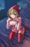  bad_id bad_pixiv_id bed blonde_hair blue_eyes boots bow bra breasts christmas cleavage hood kneeling large_breasts lingerie looking_at_viewer navel original panties parted_lips santa_costume short_hair side-tie_panties sitting solo thighhighs underwear wariza yahako zipper 