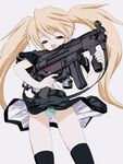  angel_gear black_legwear blonde_hair brown_eyes cover cover_page gun keuma long_hair non-web_source nude_filter open_mouth panties pantyshot pantyshot_(standing) simple_background smile solo standing striped striped_panties therapia_pharmakon thighhighs third-party_edit twintails underwear very_long_hair weapon white_background 